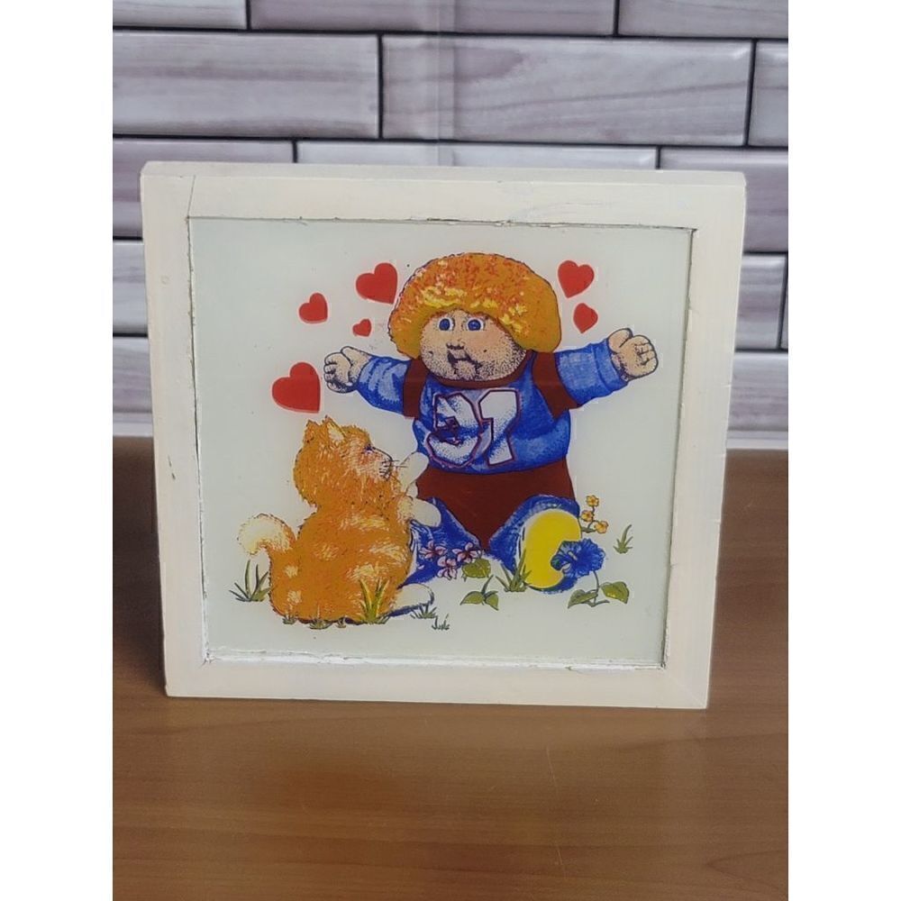 Vintage GLASS Cabbage Patch Doll Picture Cat & Hearts Rare